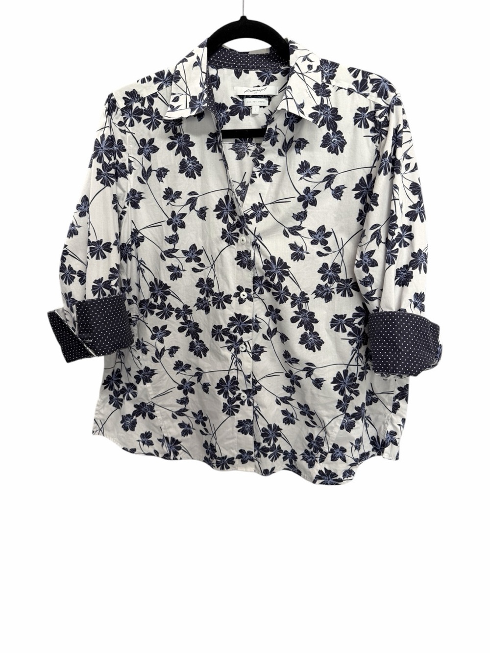 Foxcroft White Blue Floral Buttondown Top No Iron Stretch Cotton Large